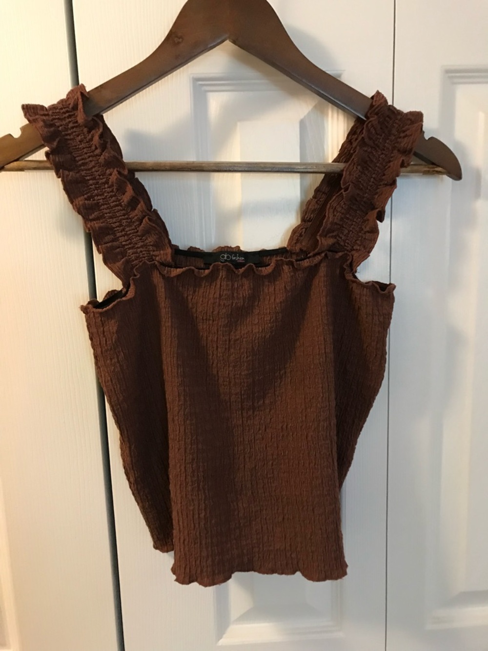 Smocked Ruffle Strap Tank Top in Chocolate Brown